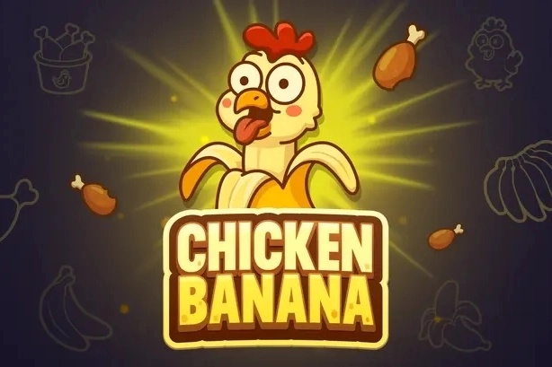 Logo z rysunkową głową kurczaka wystającą z obranego banana, z dużym napisem „CHICKEN BANANA” poniżej.