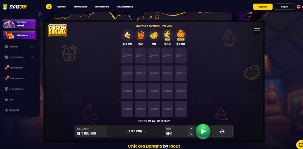 Interfejs gry losowej „Chicken Banana” na platformie SlotsGem, przedstawiający siatkę symboli 5x4 z napisem „MATCH 3 SYMBOL TO WIN” oraz panelem kontrolnym zakładów na dole.