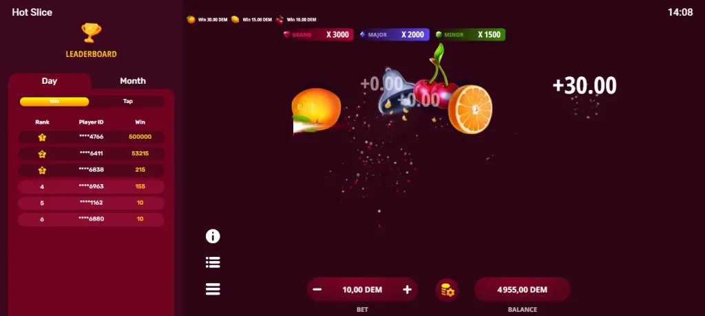 Zrzut ekranu z gry hazardowej „Hot Slice” z widoczną tabelą liderów po lewej stronie oraz animacją krojonych owoców i wygraną +30.00 na ciemnym tle.