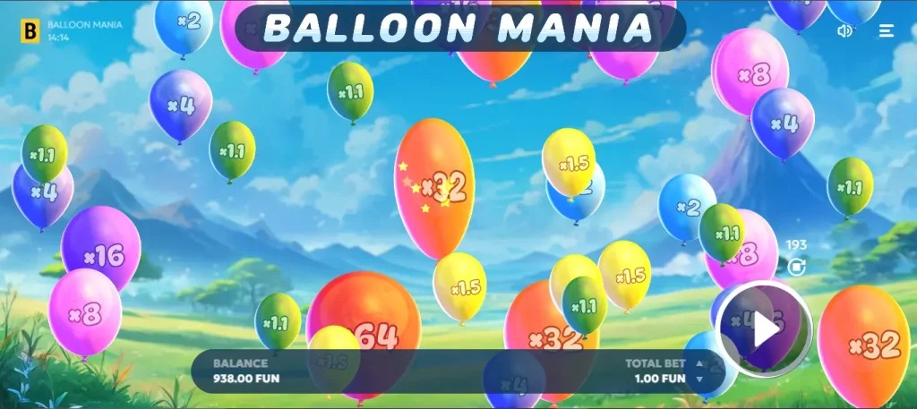 Zrzut ekranu z gry „BALLOON MANIA” przedstawiający kolorowe balony z mnożnikami unoszące się nad zielonym krajobrazem.