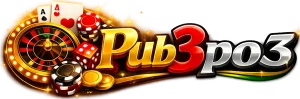 Logo kasyna z napisem „Pub3roz” na czarnym tle, ozdobione kołem ruletki, kartami do gry, żetonami i kostkami