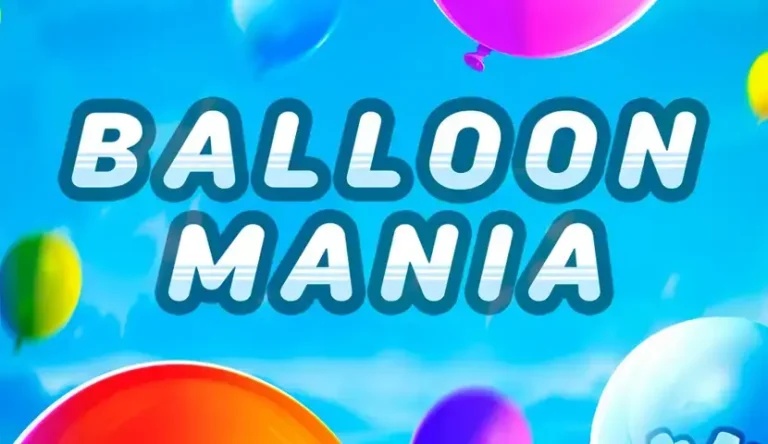 Logo „BALLOON MANIA” na tle niebieskiego nieba z kolorowymi balonami.