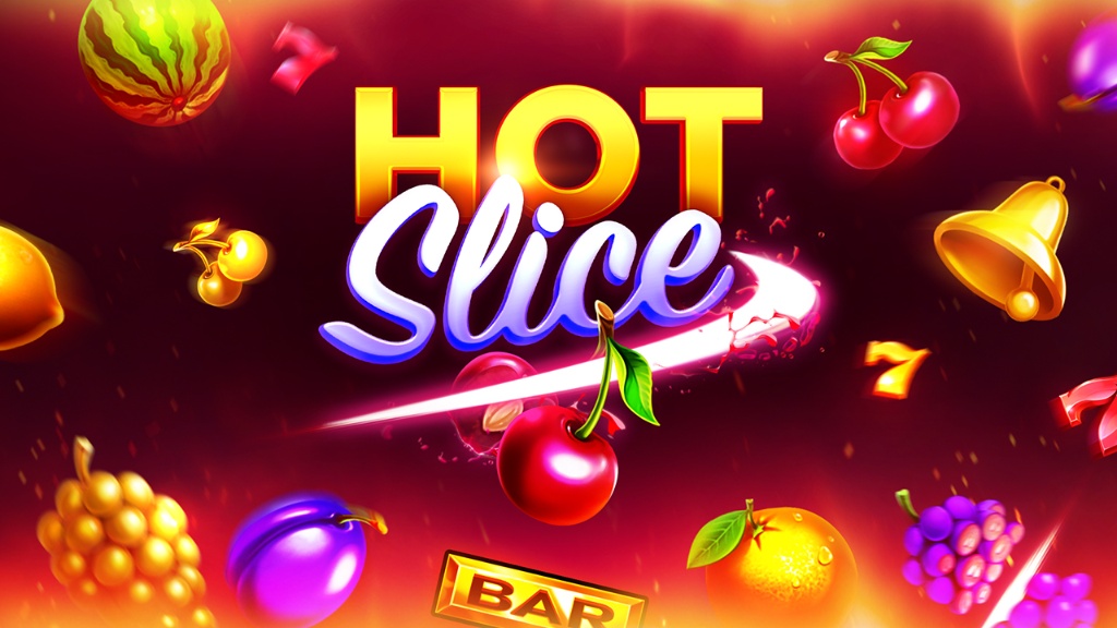 Logo gry „Hot Slice” w kolorze żółtym i białym, otoczone owocami i symbolami z maszyn wrzutowych na ognistym tle.