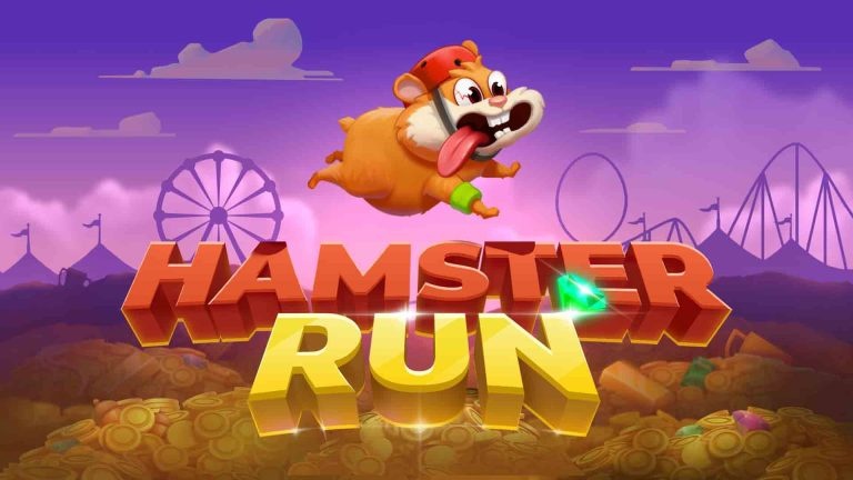 Logo gry „Hamster Run” z rysunkowym chomikiem w czerwonym kasku skaczącym nad napisem, na tle wesołego miasteczka.
